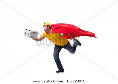 Super hero pizza delivery guy isolated on white