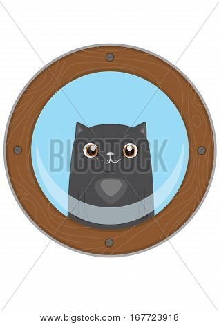 Funny cute cartoon cat in the porthole.
