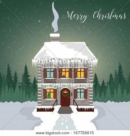 Winter Night. Decorated House With Garlands And Icicles. Christmas Card With A Silhouette Of The For