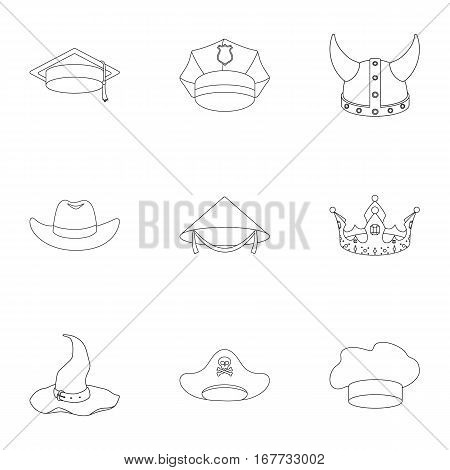 Hats set icons in outline style. Big collection of hats vector symbol stock