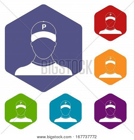 Parking attendant icons set rhombus in different colors isolated on white background