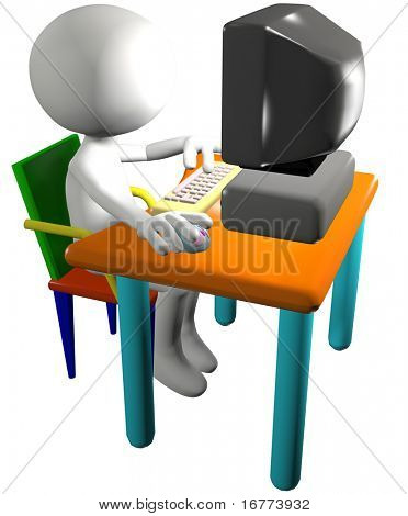 Tecknad 3D man PC-användare trycker på en tangent och klickar musen på ett Datorbord.