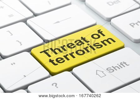 Political concept: computer keyboard with word Threat Of Terrorism, selected focus on enter button background, 3D rendering