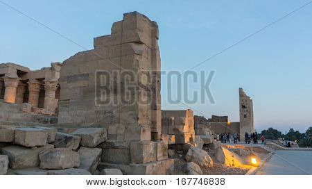 Nice view of Egyptian ancient temple ruins on sunset