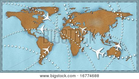 Aria viaggi volo percorsi linee punteggiate sulla mappa del mondo come compagnia aerea commerciale passeggeri getti aria fly Träff