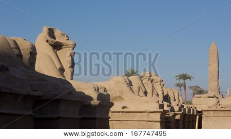 Ruins of an ancient temple of Egypt with statues and columns