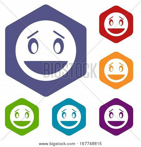 Confused emoticon icons set rhombus in different colors isolated on white background