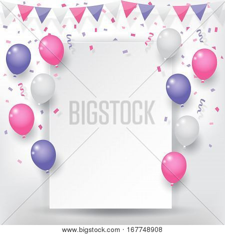 Colorful explode confetti with buntings ribbons and balloons on white paper background. Confetti for valentines birthday carnival celebration anniversary and holiday party background.