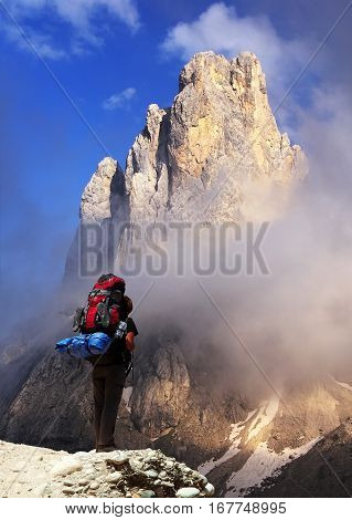 cima di campido in pale di san martino with tourist - dolomiti italy