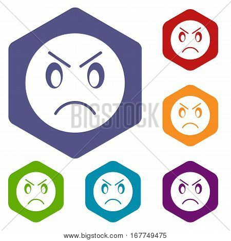 Annoyed emoticon icons set rhombus in different colors isolated on white background