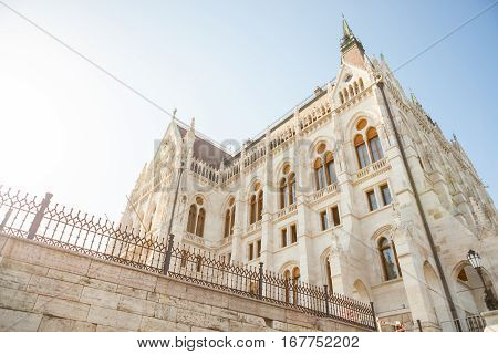 Budapest, Hungary - June 16, 2016: Hungarian Parliament Building Viewed From The Side Of The Dunabe