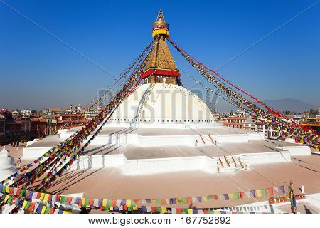 Evening view of Bodhnath stupa with prayer flags - Kathmandu - Nepal