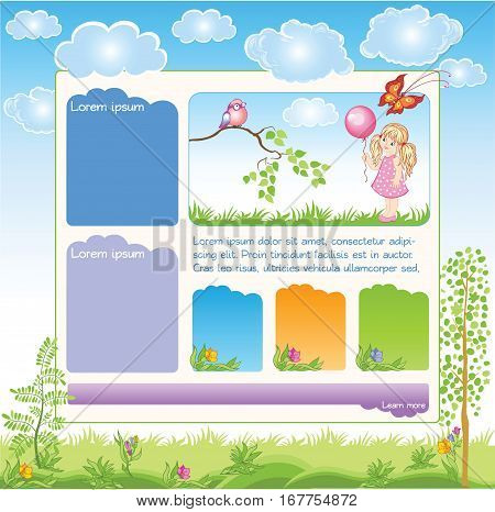 Cartoon Kid web template with vector cartoon little girl