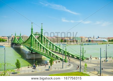 Budapest, Hungary - June 15, 2016: Well-known Liberty Bridge Connecting Buda And Pest Across The Riv