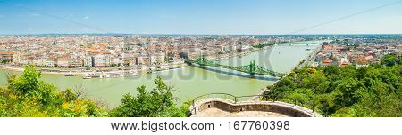 Budapest, Hungary - June 15, 2016: Panoramic View Of Dunabe River With Well-known Liberty Bridge Con