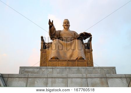 Statue Korean King Sejong the great with sky in Seoul, South Korea