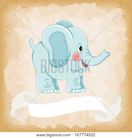 Scalable vectorial image representing a baby elephant blue on old vintage background.