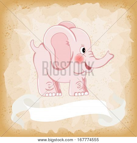 Scalable vectorial image representing a baby elephant pink on old vintage background.