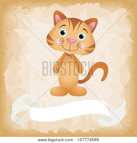 Scalable vectorial image representing a cute cat on old vintage background.