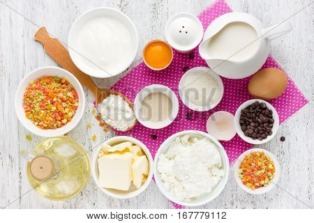 Ingredients for traditional Easter cake kulich (Easter bread paska paskha) top view recipe step by step