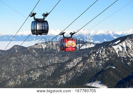 JASNA SLOVAKIA - JANUARY 22: The cabins of cableway on Chopok station in Jasna Low Tatras. It is the largest ski resort in Slovakia with 49 km of pistes on January 22 2017 in Jasna Slovakia