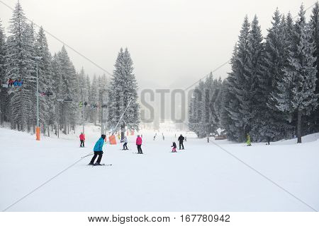 JASNA SLOVAKIA - JANUARY 25: The skiers are on Biela Put in Jasna Low Tatras. It is the largest ski resort in Slovakia with 49 km of pistes on January 25 2017 in Jasna Slovakia