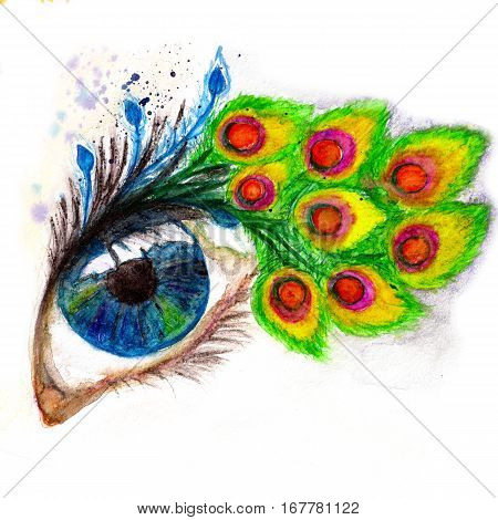 Colorful macro blue eye with peacock feather eyelashes hand drawn illustration. Watercolor and pencyl.