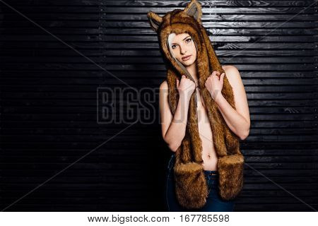 Sensual Woman Without Underwear Wearing Earflaps