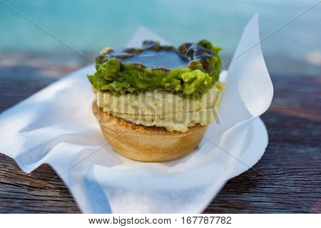 Australian Traditional Meat Pie With Woolloomooloo Bay On The Background