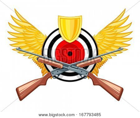 Hunting symbol of round target with wings and riffle guns weaponry logo vector illustration. Armory weapons isolated on white background. Sports leisure concept equipment for shooting
