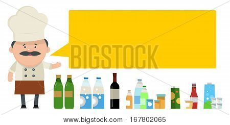 A set of products in the package. Chef tells the story of bottles and jars. Vector illustration isolated on white background.