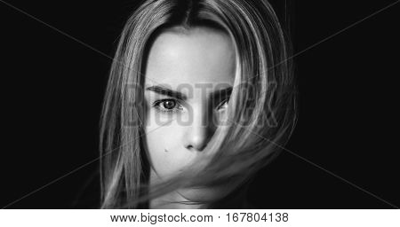 Portrait, beautiful girl streaming hair, black and white