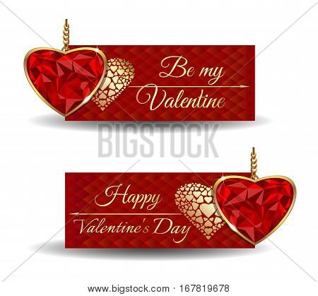 Banners set for Valentine's Day. Be my Valentine. Happy Valentine's Day. Trendy banners with cute red greeting card and jewel in the shape of heart. Vector illustration