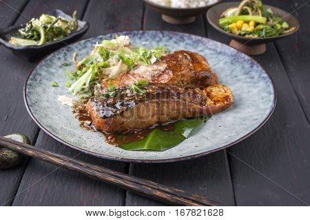 Salmon Teriyaki with Vegetable on Plate