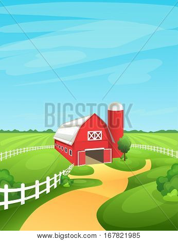 Farm landscape vector illustration. Bright and sunny rural background with barn, fields, pastures, meadows