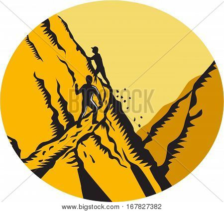 Illustration of trampers climbing a very steep path narrow sharp drop off in the mountains cliff set inside oval shape done in retro woodcut style.