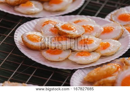 Fried quail egg or partridge egg fried Thai street food