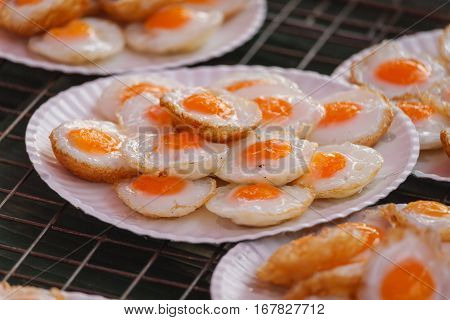 Fried quail egg or partridge egg fried Thai street food