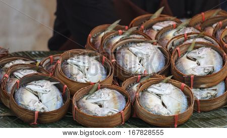 Thai Mackerel in basket,in Thai market,Thai street food