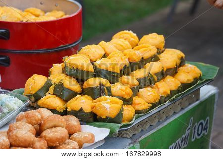 Toddy palm cakes in market Thai street food