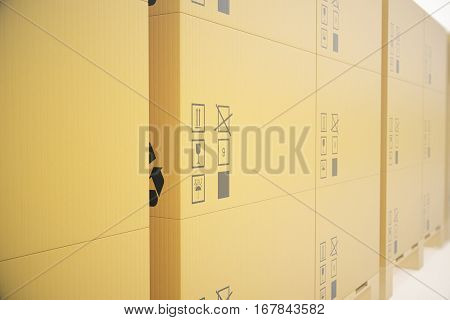 Stack of cardboard delivery boxes or parcels. Warehouse concept background, 3d rendering