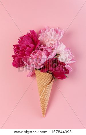 peony flowers in the waffle cone