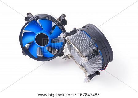 two CPU fan with aluminum radiator on a white background front and back