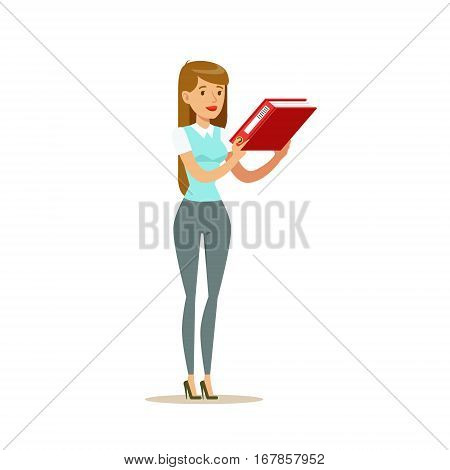 Manager In Blue Vest Puts Folder, Part Of Office Workers Series Of Cartoon Characters In Official Clothing. Happy Person Working In The Office Vector Illustration.