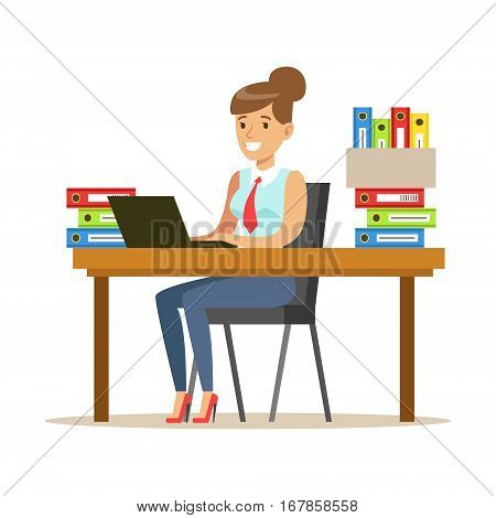 Woman Working At Her Desk With Computer And Folders, Part Of Office Workers Series Of Cartoon Characters In Official Clothing. Happy Person Working In The Office Vector Illustration.