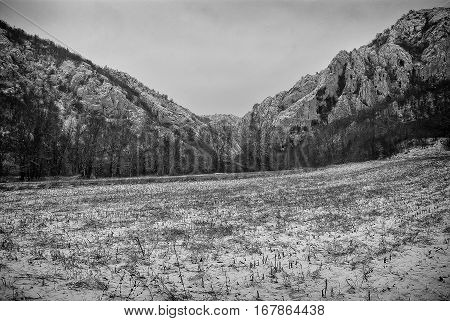 Winter landscape in the rural mountain village