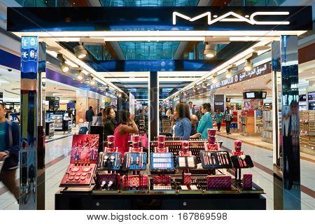 DUBAI, UAE - CIRCA NOVEMBER, 2016: MAC cosmetics at Dubai International Airport. It is the primary airport serving Dubai and is the world's busiest airport by international passenger traffic.