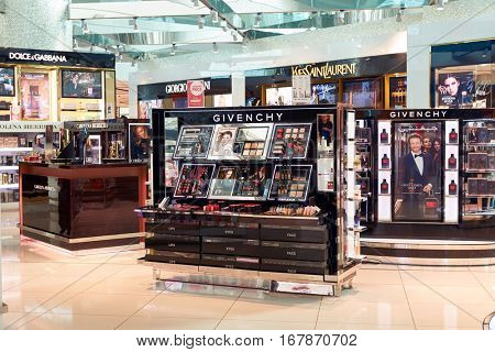 DUBAI, UAE - CIRCA NOVEMBER, 2016: duty free at Dubai International Airport. It is the primary airport serving Dubai and is the world's busiest airport by international passenger traffic.