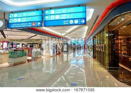 DUBAI, UAE - CIRCA NOVEMBER, 2016: inside Dubai International Airport. It is the primary airport serving Dubai and is the world's busiest airport by international passenger traffic.