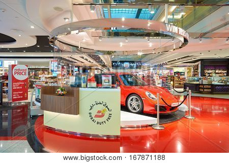 DUBAI, UAE - CIRCA NOVEMBER, 2016: duty free at Dubai International Airport. It is the primary airport serving Dubai and is the world's busiest airport by international passenger traffic.